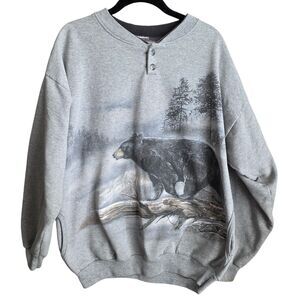 Vintage 90s Artisan Men's Bear AOP Graphic Gray Sweatshirt Pockets Sz XL? *READ*